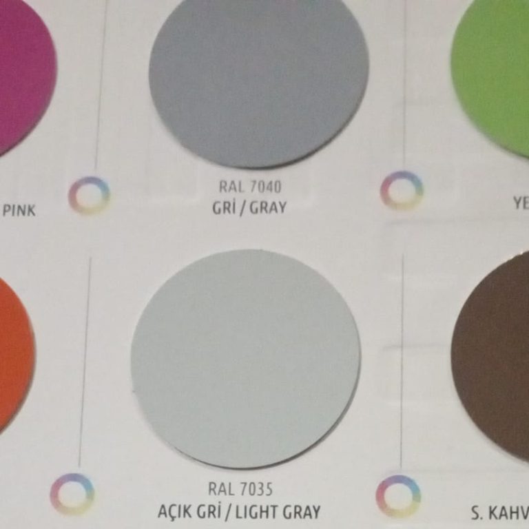 Various RAL powder coating color samples applied to metal profiles showing Fano customization options.