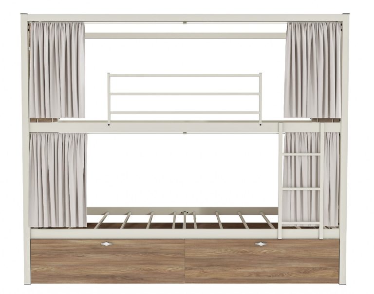 Durable and space-saving metal bunk bed designed for hostels and dormitories in grey RAL finish.