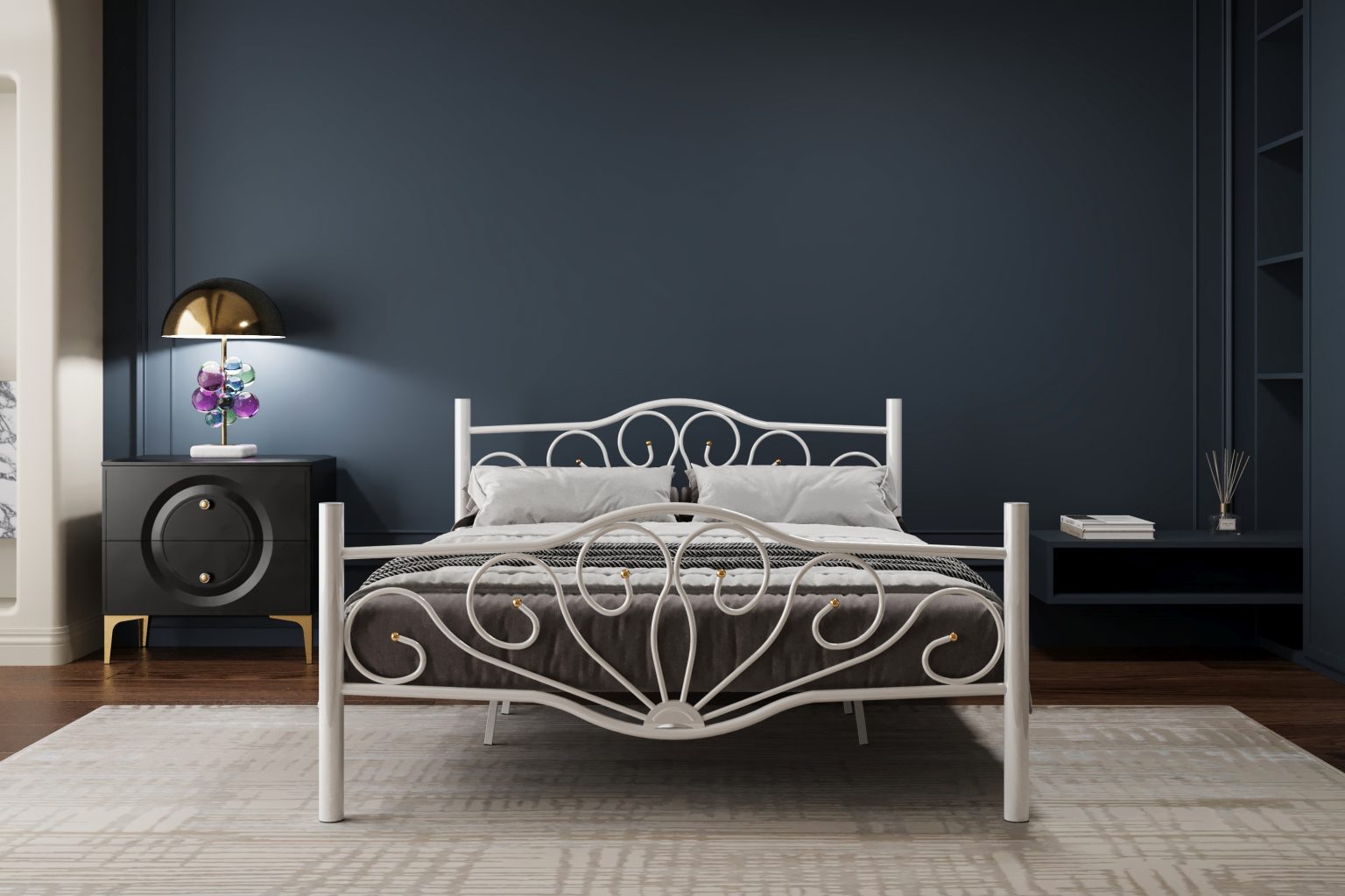 Vintage metal bedstead with golden finial details