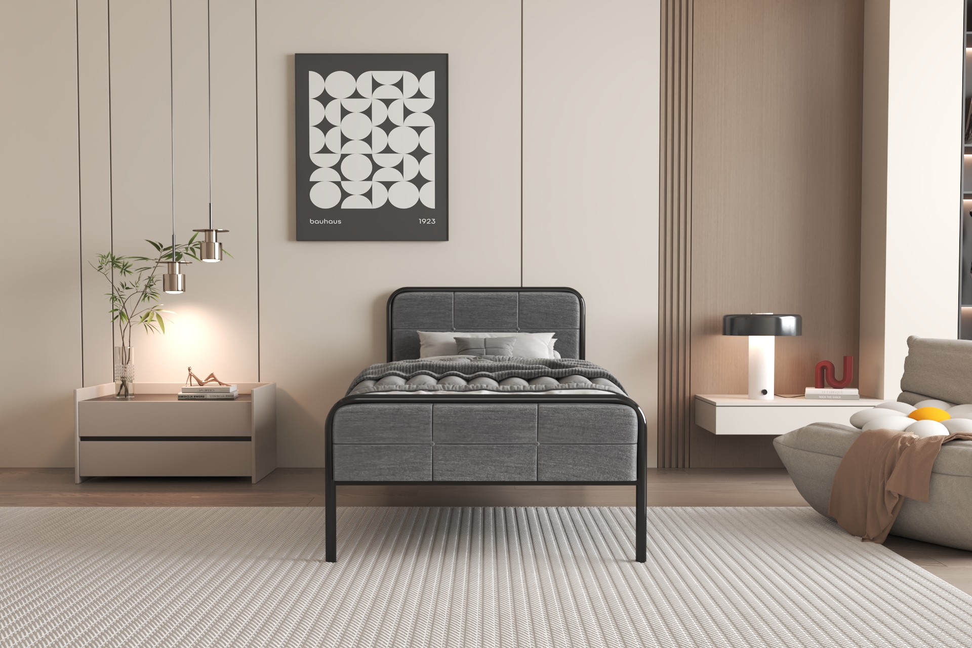 Madison fabric headboard student housing bed front view