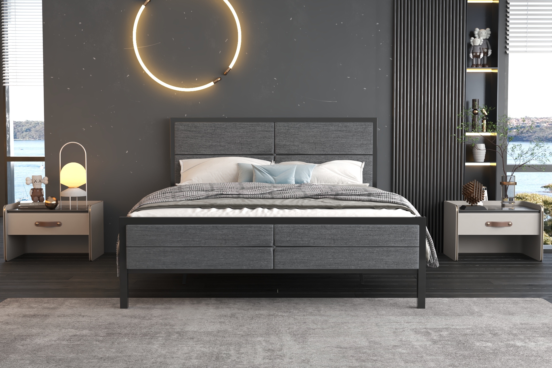 Montana fabric headboard commercial guest bed front view